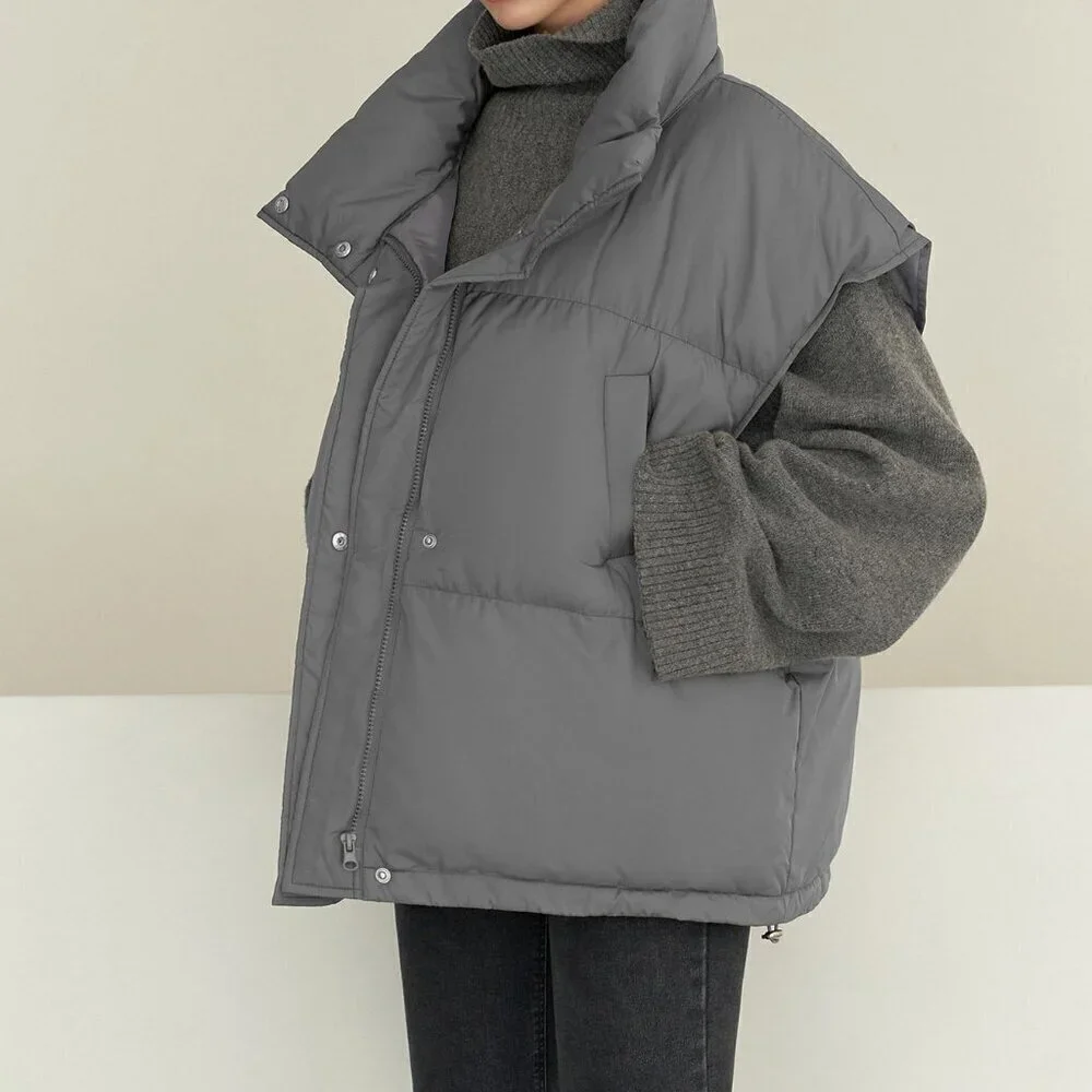 Grey Casual Women's Drawstring Hem Sleeveless Zip Front Puffer Pockets Coat - Picture 4 of 8